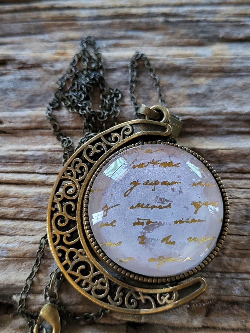 Antique Brass Filigree Crescent Double Sided Necklace With Gold Lettering